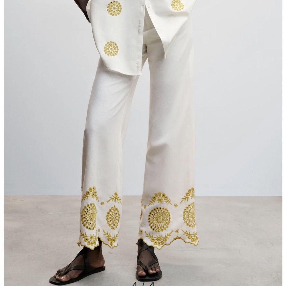 MNG Linen Blend Embroidered Scallop-Trimmed Wide Leg High Rise Culotte Trouser - Picture 3 of 16